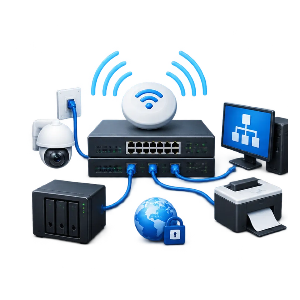 Ilustración de una red informática empresarial con switch, Wi-Fi y dispositivos conectados